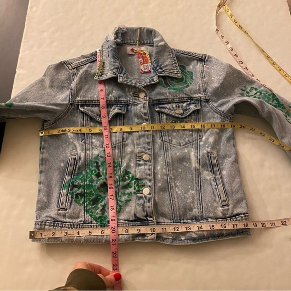 Handmade Jean Jacket Womens Small Denim Floral Mandala Blue Green Gold Upcycled - Picture 13 of 14